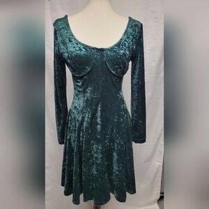 Vintage 90s Green Crushed Velvet Long Sleeve Knee Length Goth Punk Dress MadeUSA